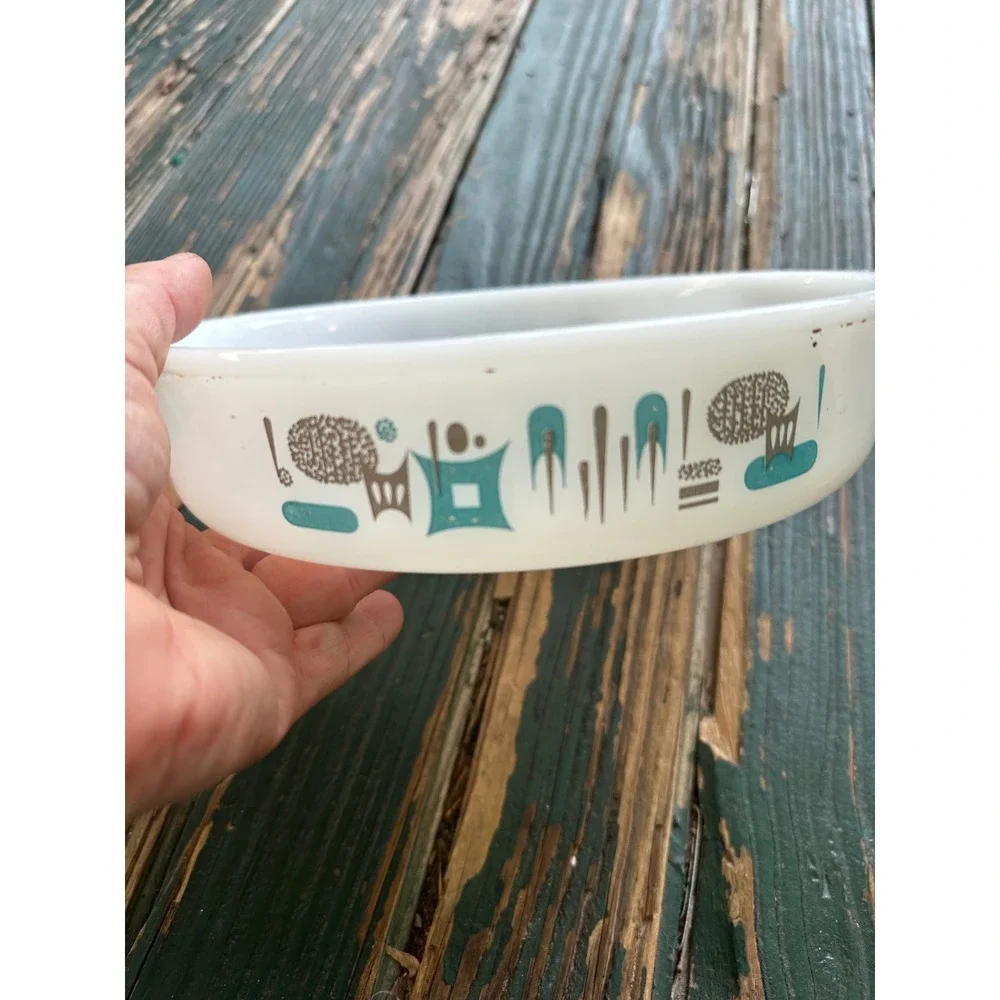 Vintage Glasbake Atomic North Star Milk Glass Casserole Dish Turquoise Brown MCM